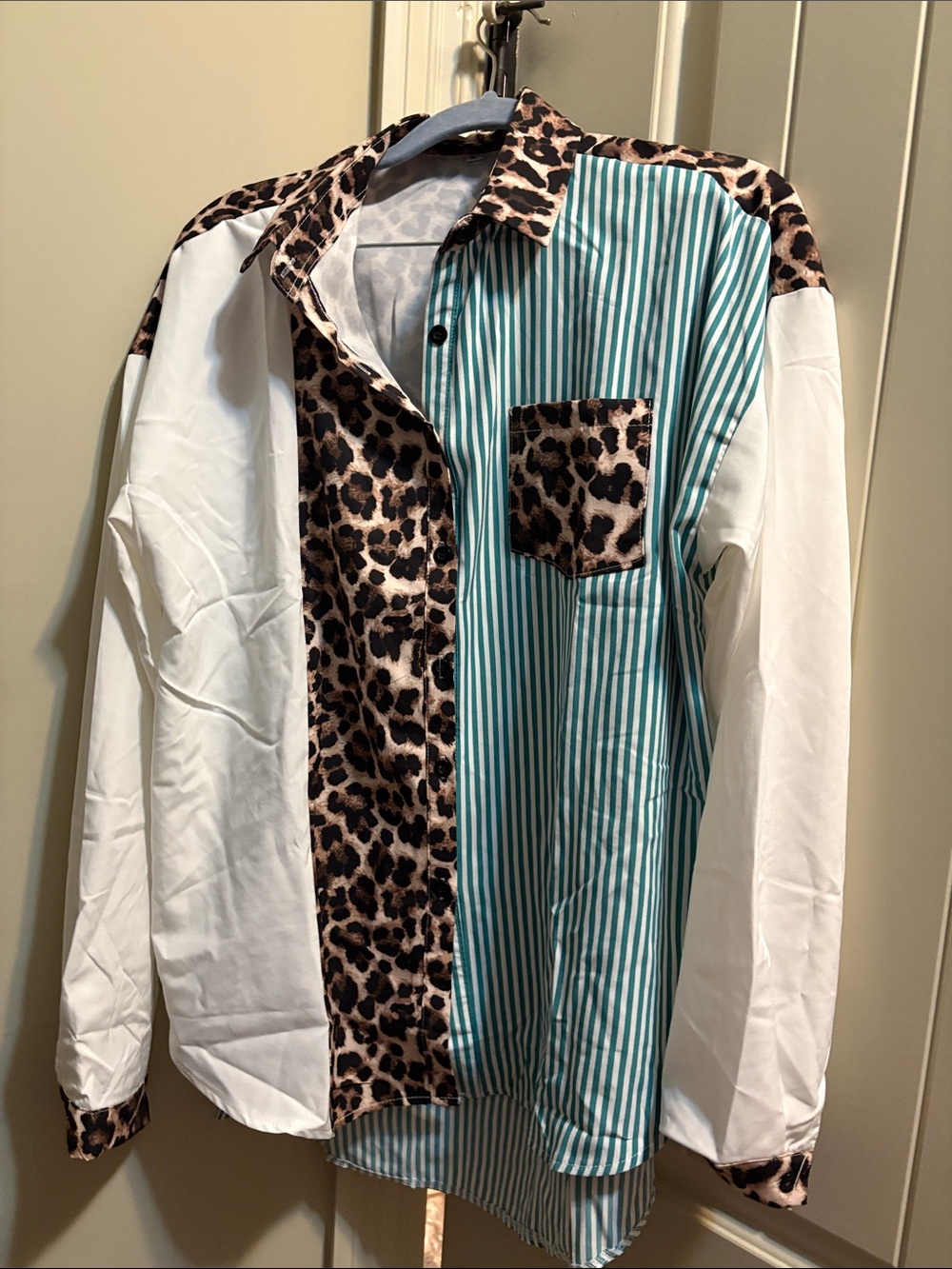 Mixed-Print Button-Down Blouse in Teal, White & Leopard